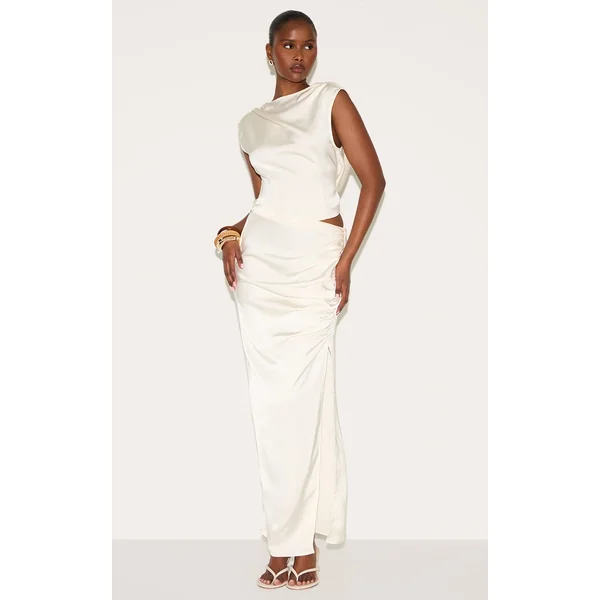 Cream Ruched Satin Split Detail Maxi Skirt