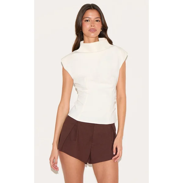 Cream Ruched Woven Shoulder Pad Top