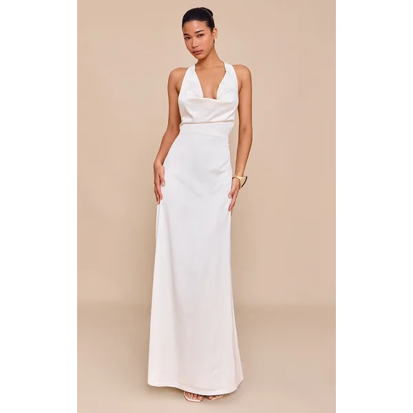 Cream Satin Cowl Neck Cross Back Maxi Dress