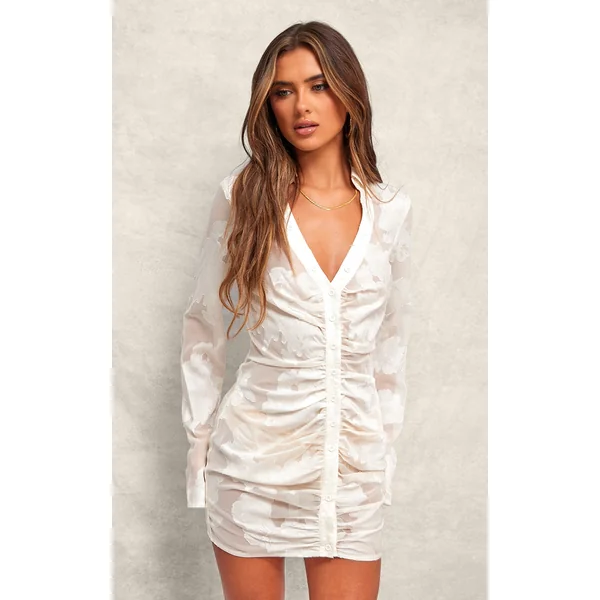 Cream Satin Floral Shirt Mini Dress