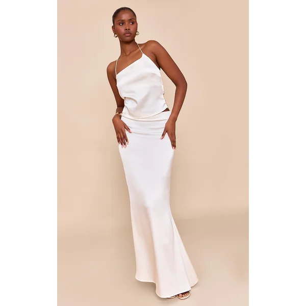 Cream Satin Mid Rise Maxi Skirt