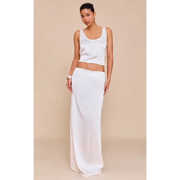 Cream Satin Mid Waist Maxi Skirt
