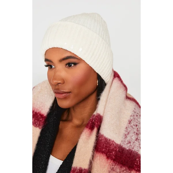 Cream Sequin Rib Beanie