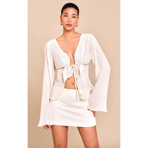Cream Sheer Plisse Tie Front Flute Sleeve Blouse