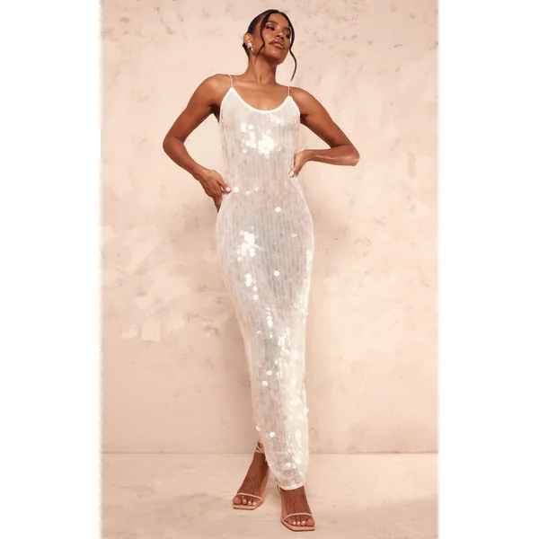 Cream Sheer Sequin Sheer Maxi Dress