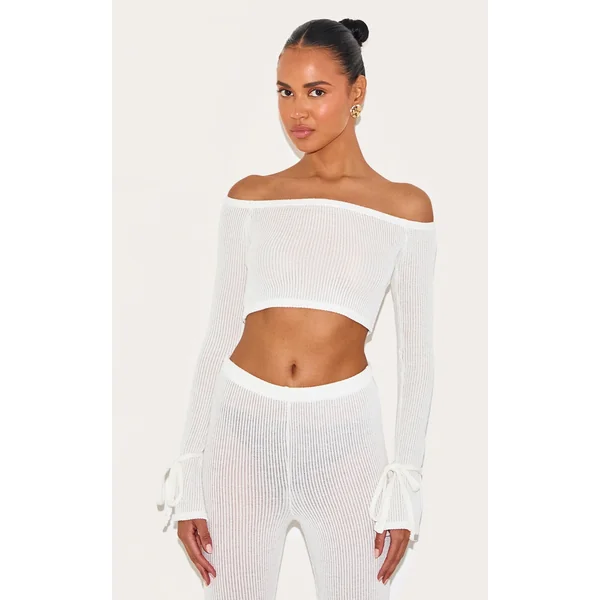 Cream Sheer Soft Rib Bardot Long Sleeve Crop Top