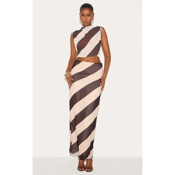 Cream Sheer Stripe Chiffon Maxi Skirt