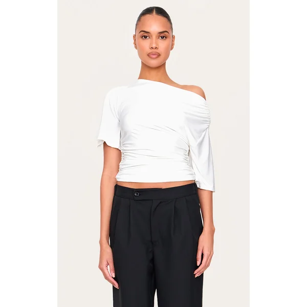 Cream Slinky Slouchy Asymmetric Long Top