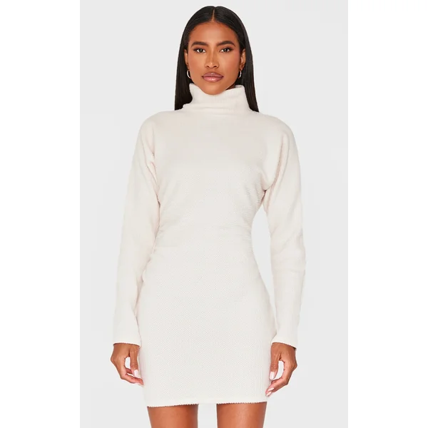 Cream Slouchy Ruched Detail High Neck Bodycon Dress