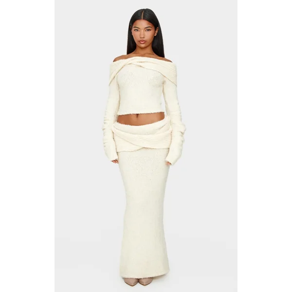 Cream Soft Bobble Knit Foldover Maxi Skirt