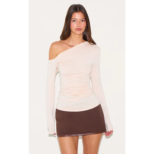 Cream Soft Cotton Asymmetric Ruched Long Sleeve Top