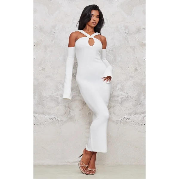 Cream Soft Knit Strappy Cut Out Maxi Dress