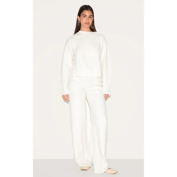 Cream Soft Ribbed Straight Leg Pants