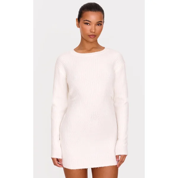 Cream Soft Textured Rib Knit Mini Dress