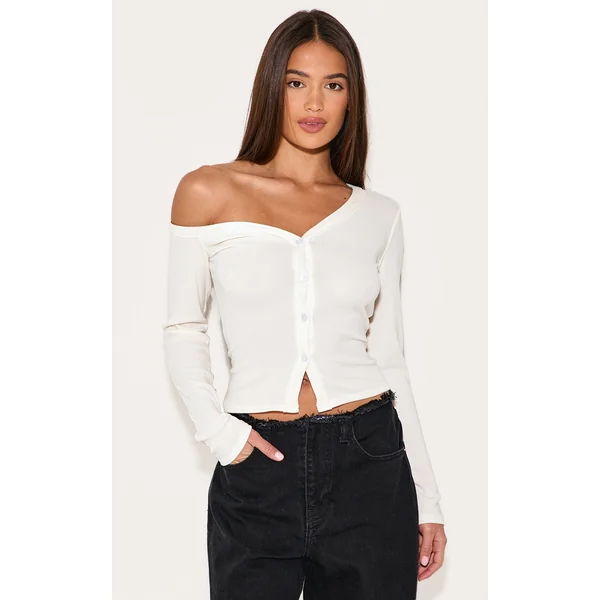 Cream Soft Touch Rib Asymmetric Detail Long Sleeve Top