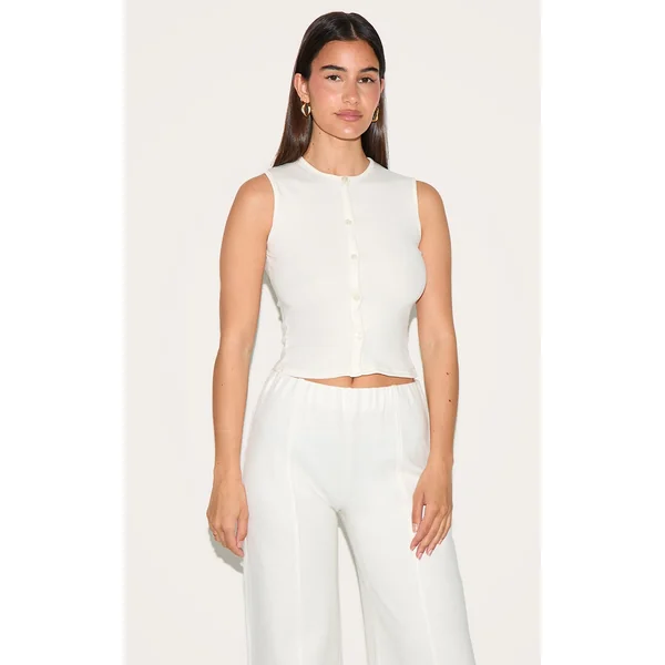 Cream Soft Touch Rib Button Down Sleeveless Top