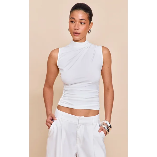 Cream Soft Touch Ruched Side High Neck Top