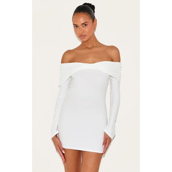 Cream Soft Touch Twist Detail Bardot Bodycon Dress