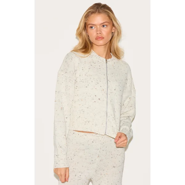 Cream Space Dye Knitted Zip Up Cardigan