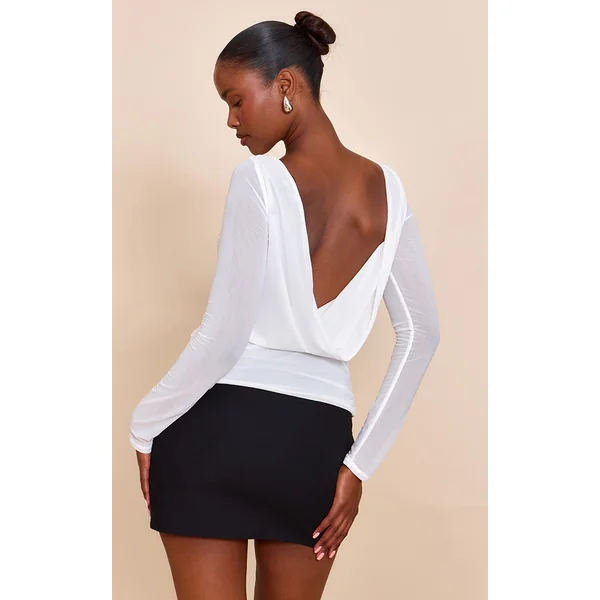 Cream Stretch Chiffon Cowl Back Long Sleeve Top