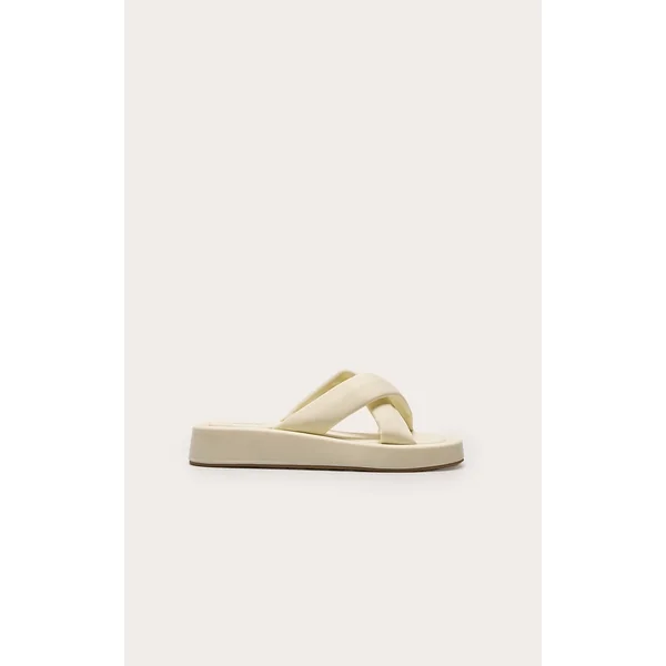 Cream Stretch Lycra Square Toe Criss Cross Strap Flatform Sandals