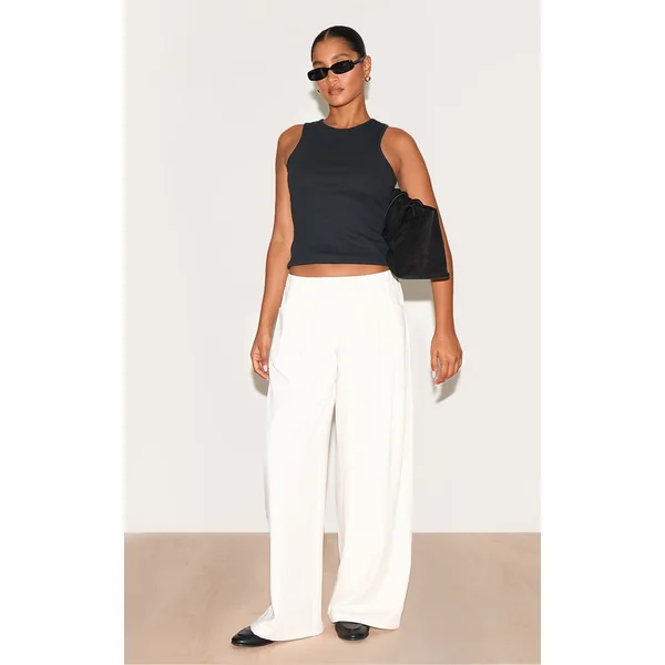 Cream Stretch Waistband Detail Tailored Pants