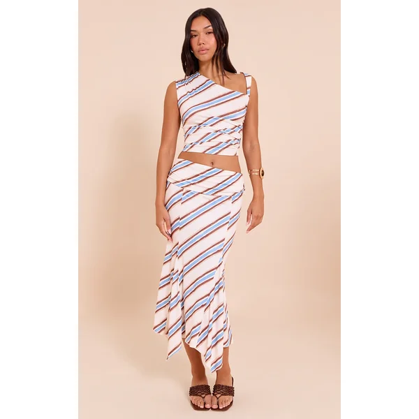 Cream Stripe Foldover Ruched Detail Midi Skirt
