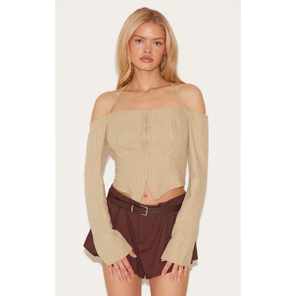 Cream Striped Bardot Peach Skin Flared Shirt