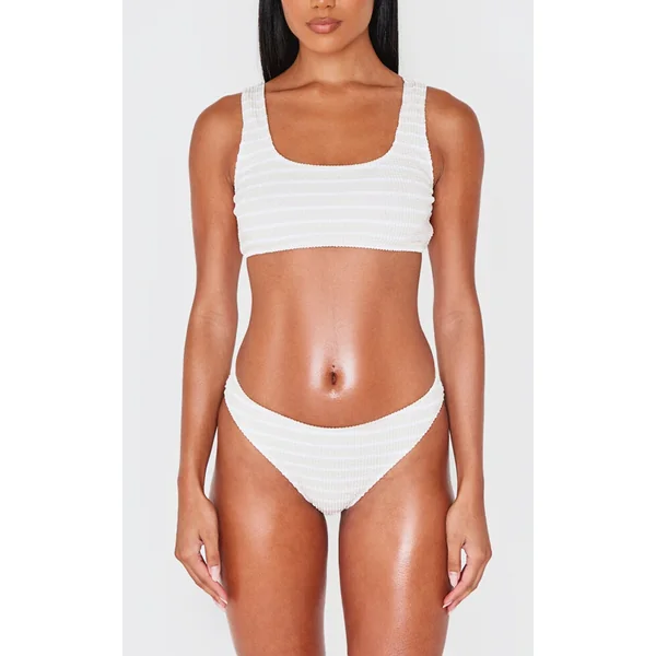 Cream Striped Crinkle Tanga Bikini Bottoms