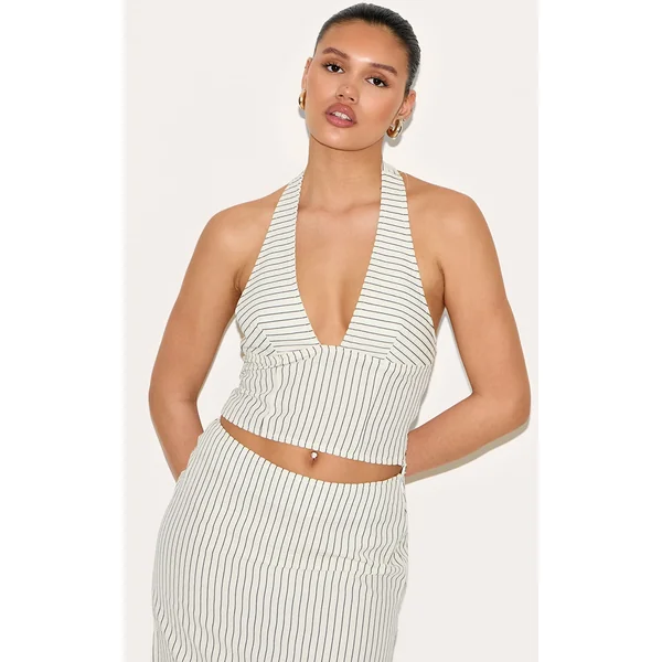 Cream Striped Halterneck Low Back Top
