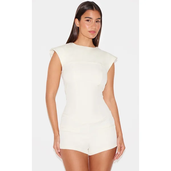 Cream Tailored Woven Boatneck Cap Sleeve Romper