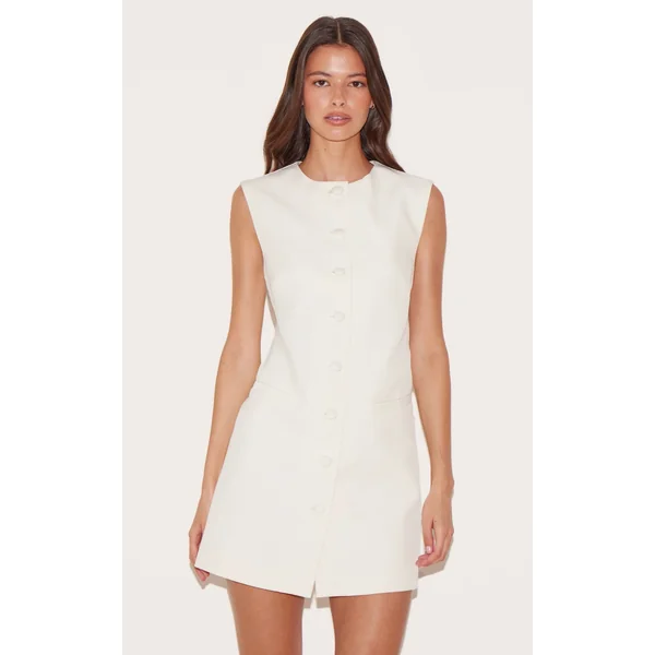 Cream Tailored Woven Button Down A Line Dress