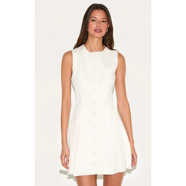 Cream Tailored Woven Button Down Pleated Shift Dress