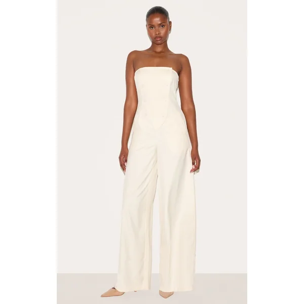 Cream Tailored Woven Button Up Wide Leg Bandeau Jumpsuit