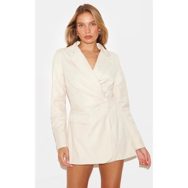 Cream Tailored Woven Cinched Waist Long Sleeve Romper
