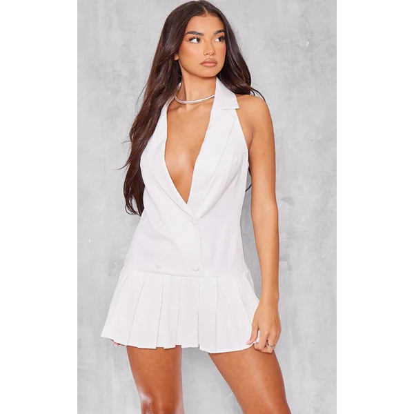 Cream Tailored Woven Halter Neck Pleated Skort Romper