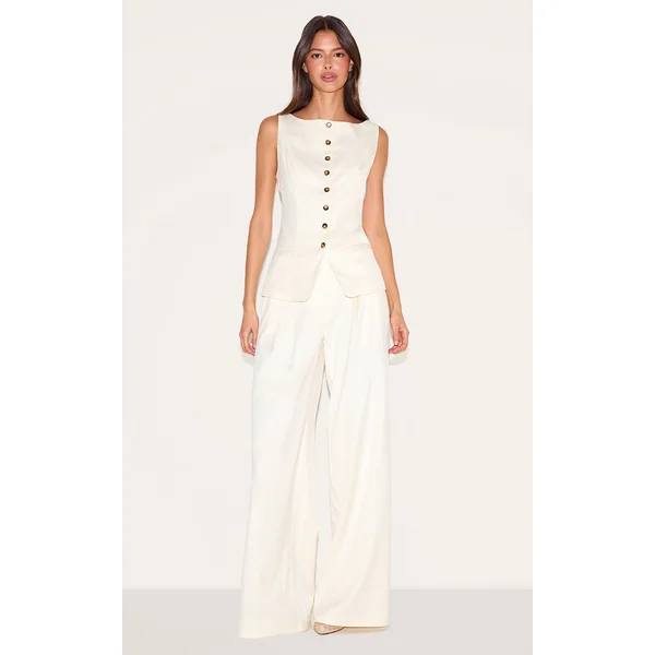 Cream Tailored Woven Pleated Wide Leg Pants
