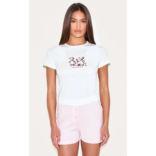 Cream Teddy Print Boxer Short PJ Set