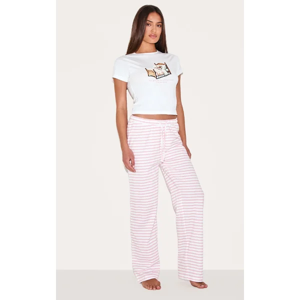 Cream Teddy Print Stripe Long Pj Set