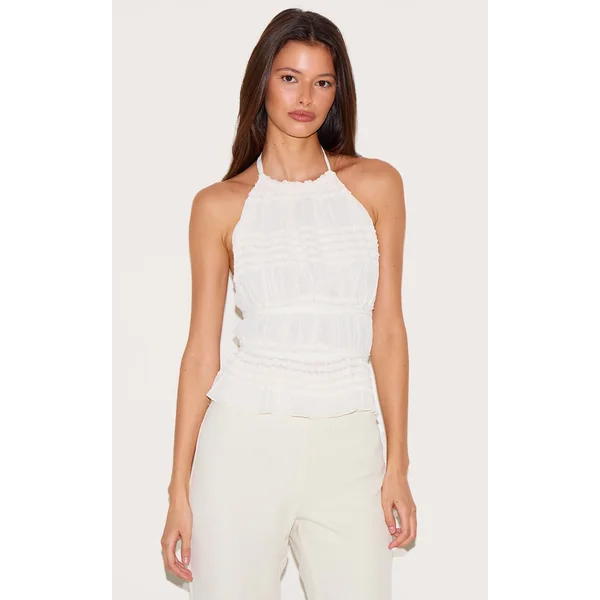 Cream Texture Frill Halter Neck Top