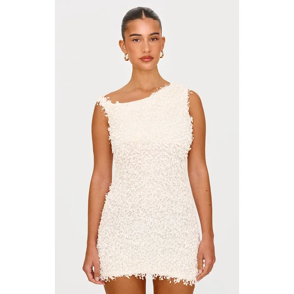 Cream Textured Asymmetric Mini Dress