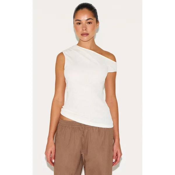 Cream Textured Asymmetric Neckline Long Top