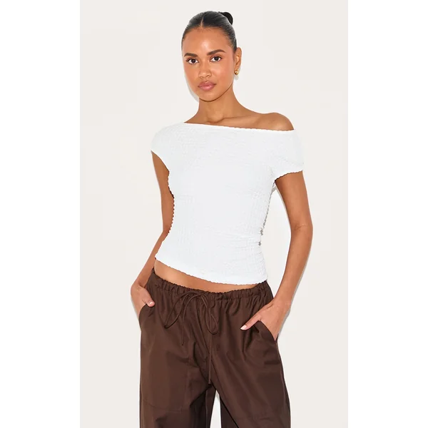 Cream Textured Asymmetric Ruched Detail Long Top