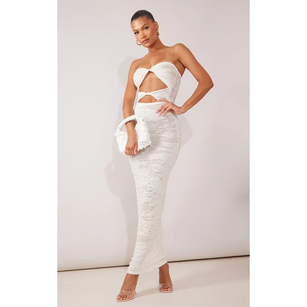 Cream Textured Bandeau Twist Cut Out Maxi Dress
