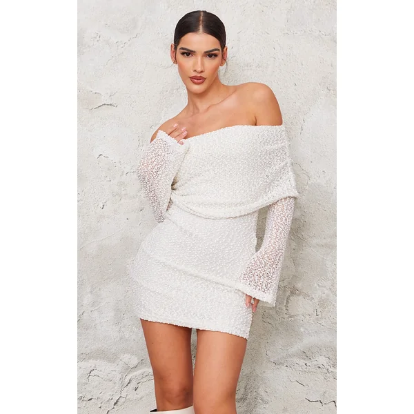 Cream Textured Bardot Flare Long Sleeve Mini Dress