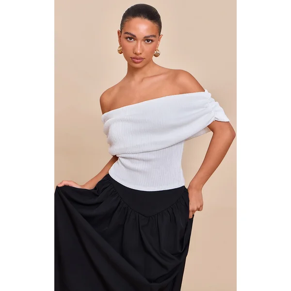 Cream Textured Bardot Fold Over Detail Long Top