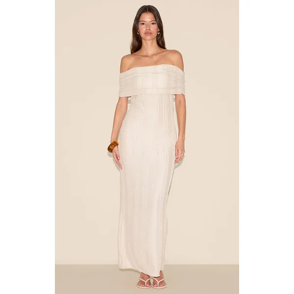Cream Textured Bardot Maxi Dress