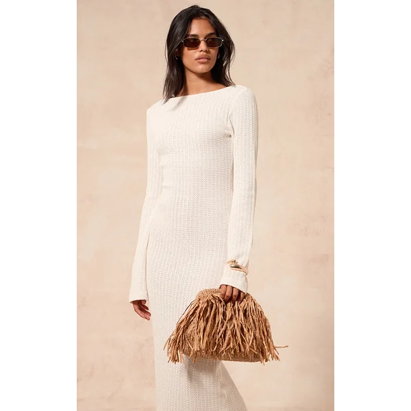 Cream Textured Boat Neck Backless Long Sleeve Maxi Dress