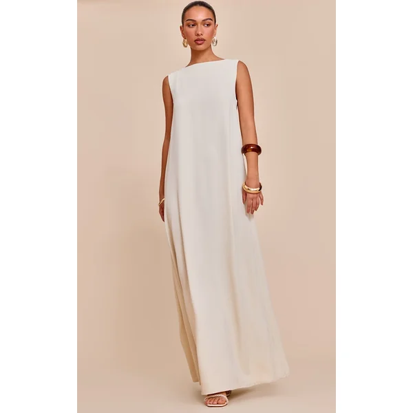 Cream Textured Boat Neck Sleeveless Maxi Dress
