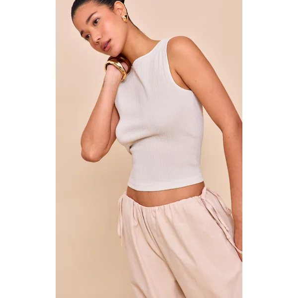 Cream Textured Boat Neck Sleeveless Top